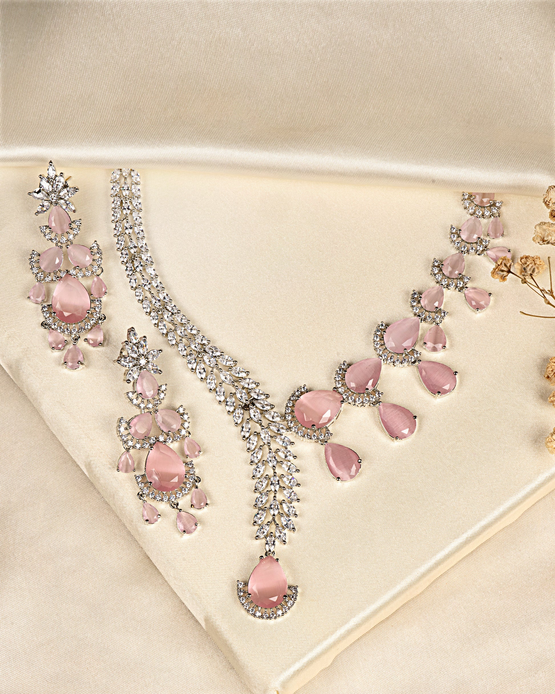 VELISEA Pink Teardrop Cubic Zirconia American Diamond Necklace Set | Statement Jewelry for Women