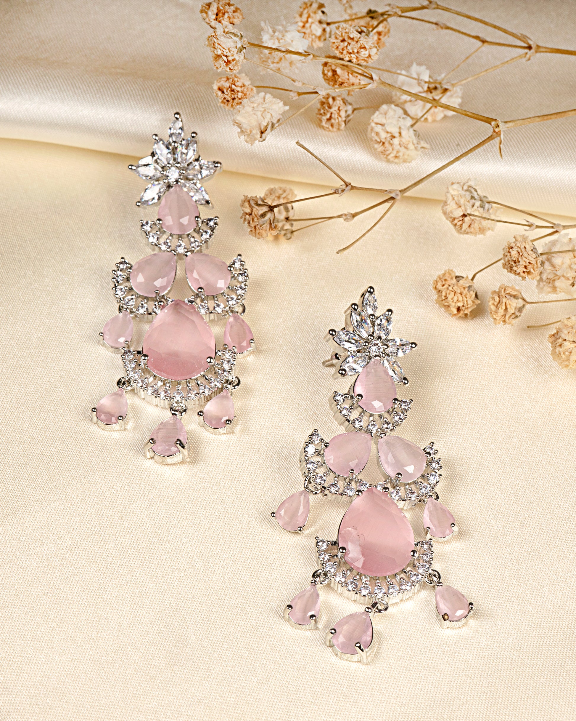 VELISEA Pink Teardrop Cubic Zirconia American Diamond Necklace Set | Statement Jewelry for Women