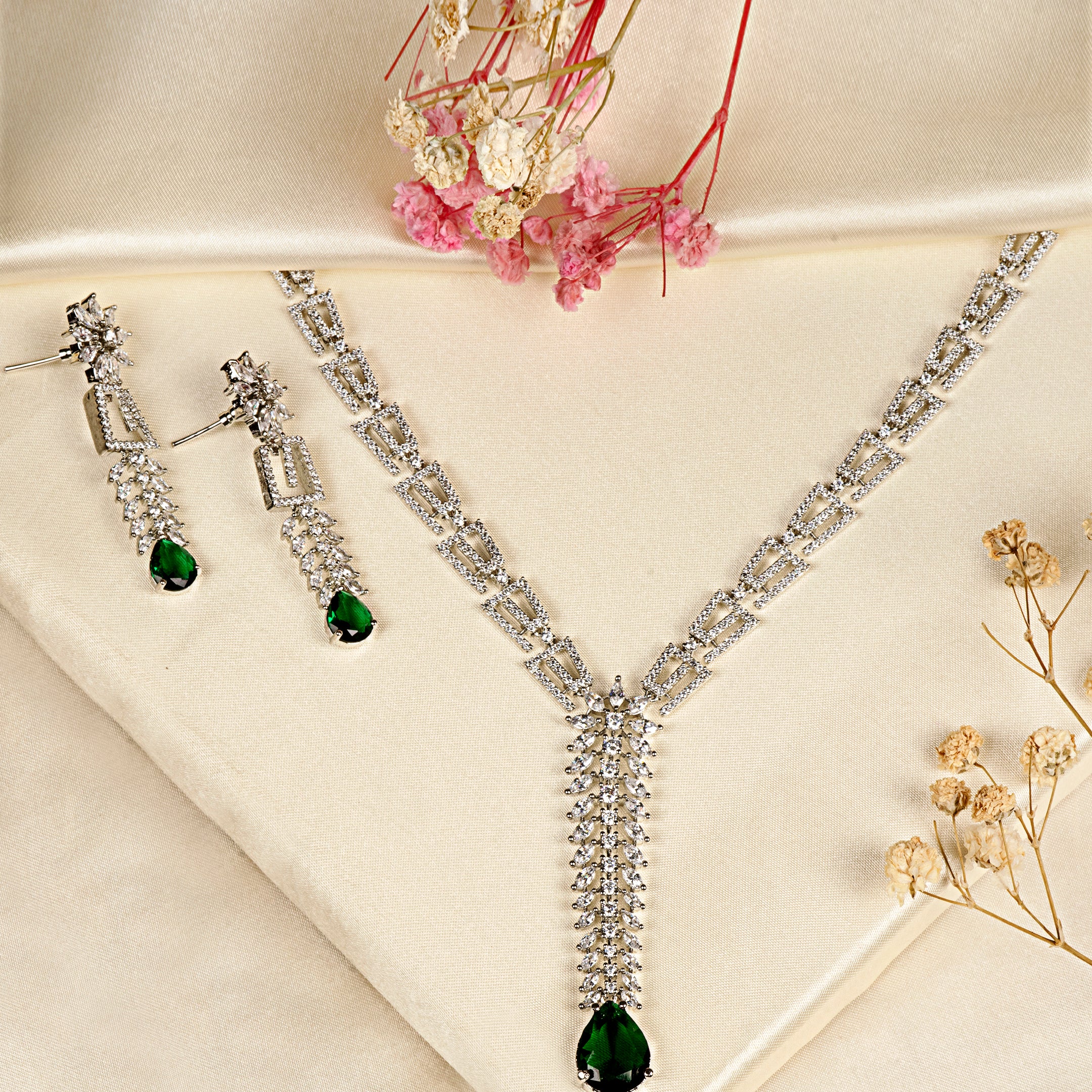 VELISEA Green Teardrop American Diamond Zirconia Necklace Set for Women | Elegant Bridal & Party Jewelry
