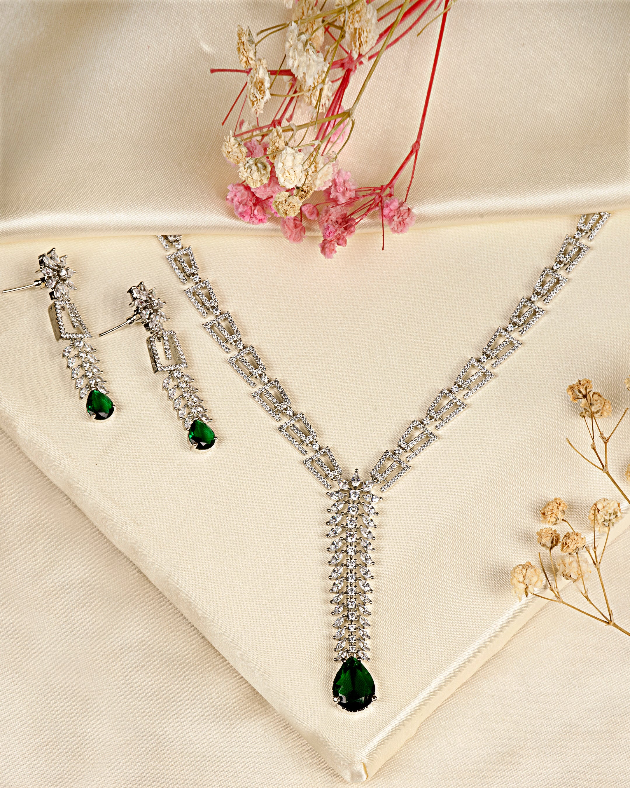 VELISEA Green Teardrop American Diamond Zirconia Necklace Set for Women | Elegant Bridal & Party Jewelry