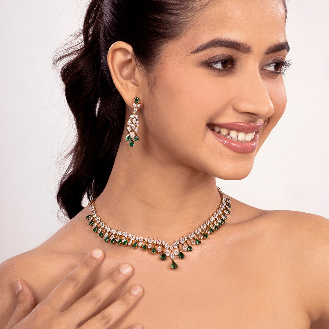 VELISEA Royal Emerald Necklace Set | Premium Party Wear Jewellery for Women